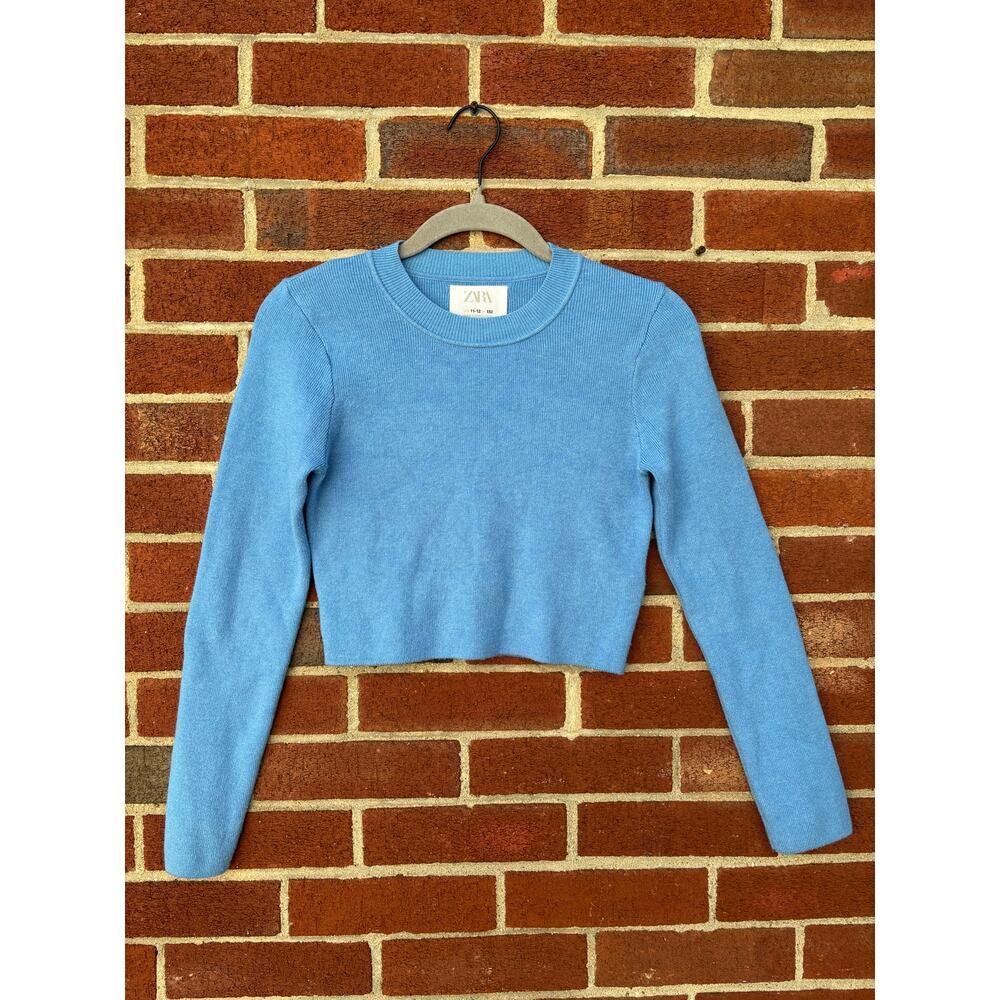 Zara Girls Blue Knit Crop Sweater Size 11-12 152 Long Sleeve Pullover Top - Picture 2 of 8